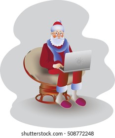 Father Christmas with a laptop. Vector image. Design for poster, banner, leaflets, greeting cards, flyers