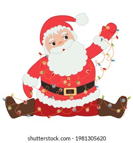 Father Christmas prepares for New Year and Christmas by untangling the knots of the garland to decorate the house and the Christmas tree. A festive concept for the New Year. Collage for design 