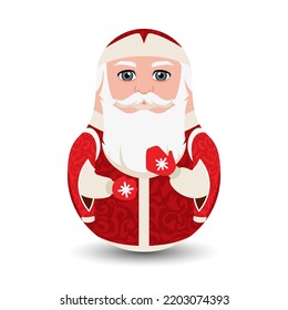Father Christmas in a red embroidered jacket with a long white beard and a hat. Modern kawaii dolls for your business project. Flat vector illustration.