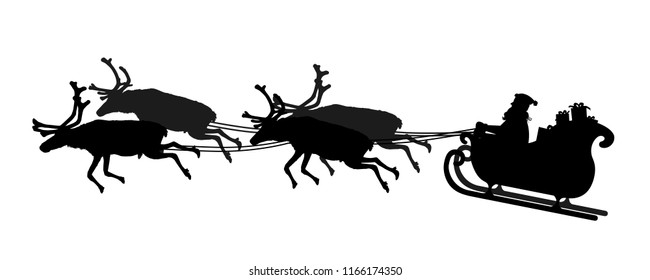 Father Christmas riding his sleigh with reindeer on white background.
