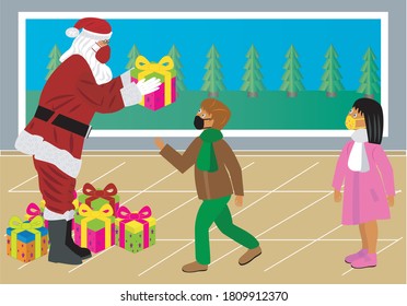 Father Christmas or Santa Claus giving gifts to children in the mall