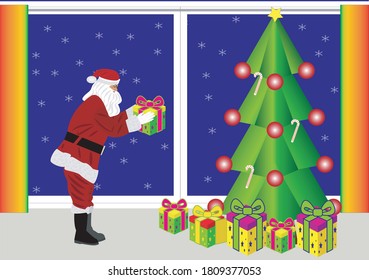 Father Christmas or Santa Claus leaving Christmas gifts on the tree