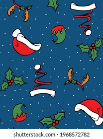 Father Christmas Santa hat repeat design with reindeer antlers, snow, elf hat and holly. Multidirectional pyjama textile design.