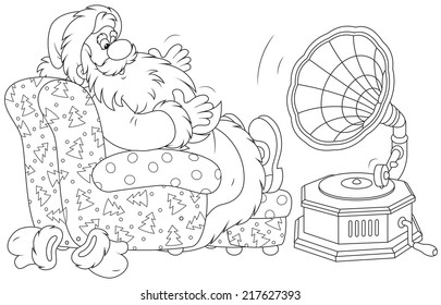 Father Christmas sitting in a chair and listening to music on his old gramophone