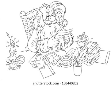 Father Christmas sitting at his table and reading letters from children