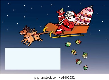 Father Christmas in a sleigh with cake and cupcakes