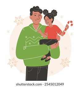 Father in Christmas Sweater Holding Little Daughter