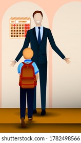 father in classic suit stands on doorstep of house hugging a child with briefcase, returning from school on September 1. Beginning of school year. Open gesture of friendliness and acceptance. Vector