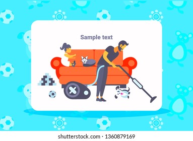 father cleaning floor with vacuum cleaner while little girl playing with cat on sofa family spending time together housekeeping concept full length horizontal copy space