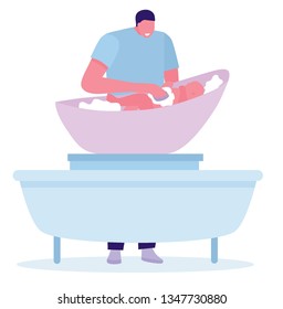 father is cleaning infant body. she looks at her father. Coloring vector cartoon flat illustration.