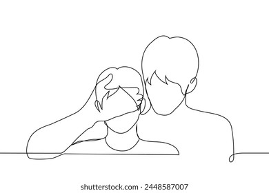 Father closes eyes of teenage son - one line art vector. concept of generation of older men hiding something from the younger generation, surprise, deception, relationship. Hand made vector not AI