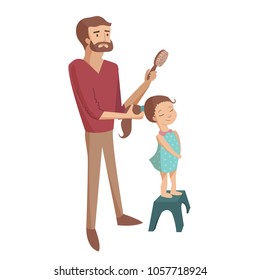 Father is combing brushing  daughter hair with brush making pony tale vector cartoon illustration