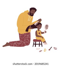 Father combing his daughter hair. Flat style in vector illustration. Family day, child  care, single father, black skin people, princess, accessories, updo, dress. Isolated on white background.