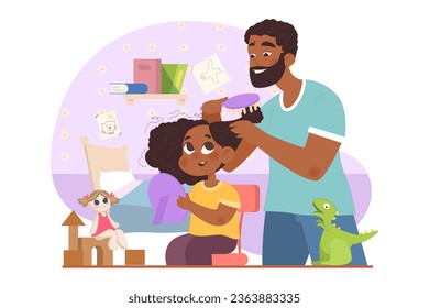 Vater kämmt seiner Tochter die Haare. Einziger schwarzer Hautvater, der die Haare seiner kleinen Tochter bürstet. Herzlichen Glückwunsch für die Familie. Flache Vektorgrafik