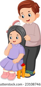 a father is combing his daughter's hair gently of illustration