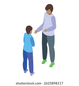 Father comforting his sad son, parenting and family values isometric vector illustration