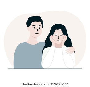 Father comforting and hugging sad daughter. Communication, family support, loving relationship, parenting, protection concept. Flat people vector illustration. Use for landing web page, banner.