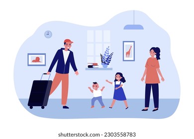 Father coming home after business trip vector illustration. Drawing of happy wife and children greeting man, son and daughter running towards dad. Family, reunion, happiness, togetherness concept