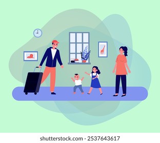 Father coming home after business trip vector illustration. Drawing of happy wife and children greeting man, son and daughter running towards dad. Family, reunion, happiness, togetherness concept