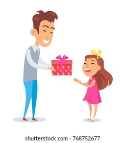 Father congratulates daughter with holiday vector isolated on white. Dad greets little girl with fest giving wrapped color gift box, happy family