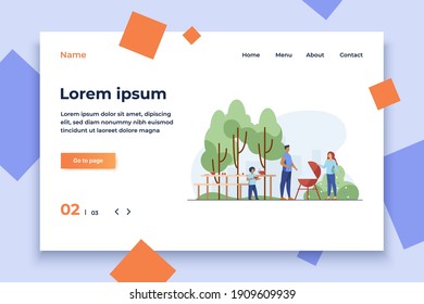 Father cooking barbecue on picnic. Park, nature, food flat vector illustration. Family and weekend concept for banner, website design or landing web page