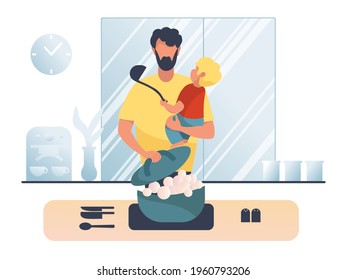 Father cooking dinner holding baby son. Vector flat cartoon illustration on white background. Concept for stay at home indoor during COVID-19