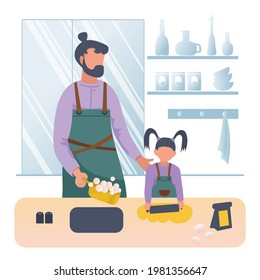 Father cooking dinner with little daughter. Vector flat cartoon illustration on white background. Concept for stay at home indoor during COVID-19
