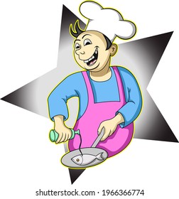 a father is cooking fish