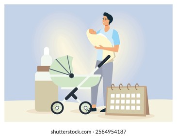 Father cradling his infant with a stroller, feeding bottle, and calendar nearby, depicting parenting and baby care essentials. Flat vector modern illustration 