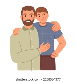 Father cuddling kid, isolated dad hugging teenage boy. Parent proud of child, happy family moments and relationships. Vector in flat style illustration