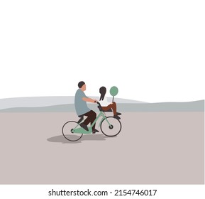 Father cycling together with young children holding balloon. Parent bike with child seats. Flat vector illustration.