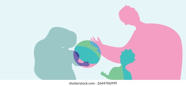 Father or dad and baby girl playing ball together, color silhouette vector illustration, authentic Family and family unity concept