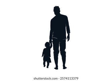 Father dad and child son daughter walking together, silhouette black and white vector illustration