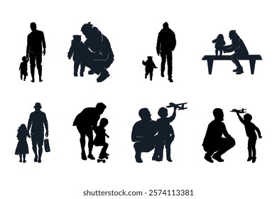 Father dad and child son daughter together, silhouette black and white vector illustration