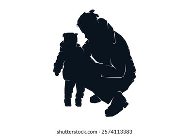 Father dad and child son daughter playing, silhouette black and white vector illustration