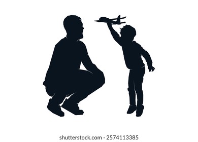 Father dad and child son daughter playing plane toy, silhouette black and white vector illustration