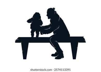 Father dad and child son daughter playing together, silhouette black and white vector illustration