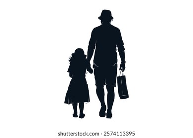 Father dad and child son daughter walking together, silhouette black and white vector illustration