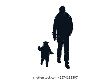 Father dad and child son daughter walking together, silhouette black and white vector illustration