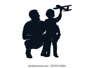 Father dad and child son daughter playing plane toy, silhouette black and white vector illustration