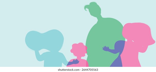 Father or dad with children, color silhouette vector illustration as concept happy authentic Family copy space template for fathers day
