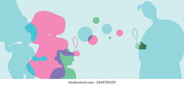 Father or dad and children playing with soap bubbles, color silhouette vector illustration as a concept of happy authentic Family copy space template for design