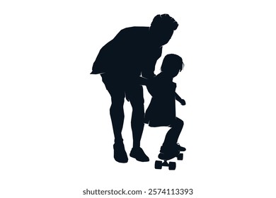 Father dad teaches child daughter playing skateboard, silhouette black and white vector illustration