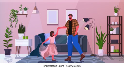 father dancing with dughter ballet lesson parenting fatherhood concept dad spending time with his kid at home horizontal full length vector illustration