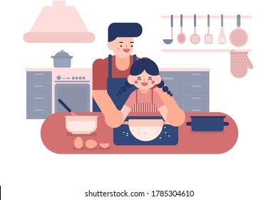 Father with daughter in aprons kneading bread dough on the table.Happy loving family are preparing bakery together in kitchen.Homemade food. Illustration about The new normal of activity cooking.