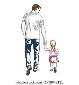 Father and daughter, baby go holding hands. Father's Day. Happy family. A man in jeans and a t-shirt with a little girl. Incomplete family, divorce. Colorful vector illustration