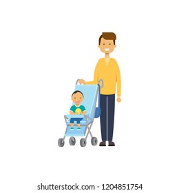father daughter baby in stroller full length avatar on white background, successful family concept, flat cartoon vector illustration