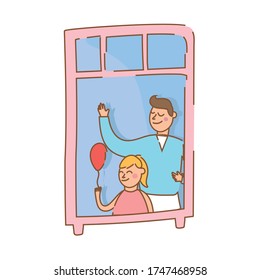 father and daughter with balloon helium in apartment window for quarantine free form style vector illustration design