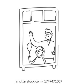 father and daughter with balloon helium in apartment window for quarantine line style vector illustration design