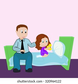 Father and daughter. Bedtime. Girl plays in rubber duck and father sits near her.